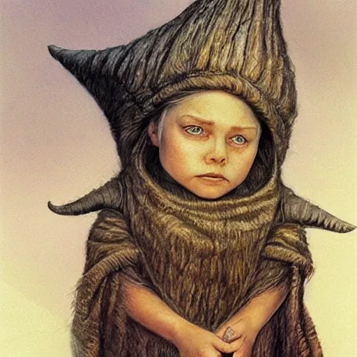 Prompt: astonishingly beautiful gnome queen, ultra fine detail portrait, painting by Alan Lee