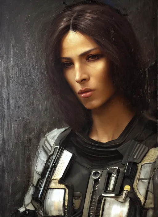 Prompt: Maria. beautiful cyberpunk policewoman wearing a military vest and military stealthsuit (cyberpunk 2077). gorgeous face. african woman. Iranian orientalist portrait by john william waterhouse and Edwin Longsden Long and Theodore Ralli and Nasreddine Dinet, oil on canvas. Cinematic, hyper realism, realistic proportions, dramatic lighting, high detail 4k