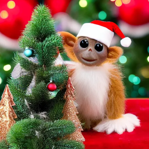 Prompt: Gizmo the Mogwai decorating a Christmas tree, soft light, highly detailed