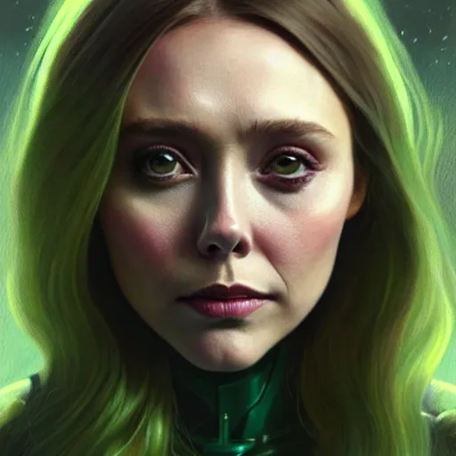 Prompt: portrait painting of elizabeth olsen with green skin and pointy ears wearing sci - fi clothes as a skrull, ultra realistic, concept art, intricate details, eerie, highly detailed, photorealistic, octane render, 8 k, unreal engine. art by artgerm and greg rutkowski and charlie bowater and magali villeneuve and alphonse mucha