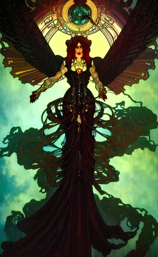 Image similar to the dark angel of death, intricate details, cinematic lighting, volumetric lighting, by mohrbacher and alphonse mucha, rich colors, post - processing