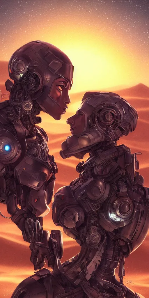 Prompt: close portrait of two lovers robots kissing against the backdrop of desert at the night for stories, highly detailed, highly intricate, digital art, fantasy, by artgerm - n 4