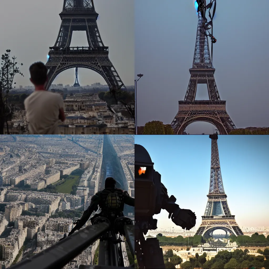 Prompt: Mech Soldier Climbs To The Eiffel Tower, Far View, Post Apocalyptic, 8K, Movie Lens