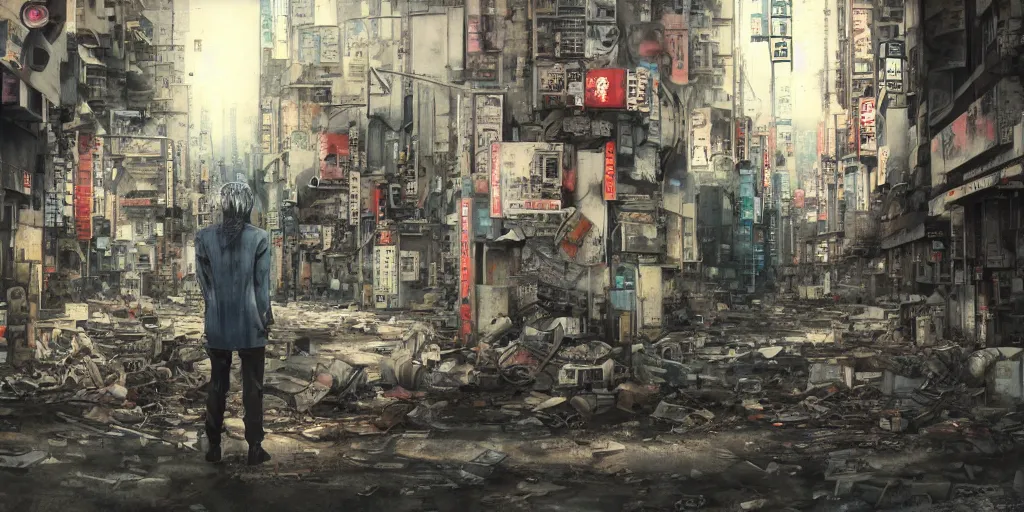 Image similar to broken robot lying deserted shinjuku junk town, watercolor, ghost in the shell, soft bloom lighting, paper texture, bright sun bleached ground, vending machine, robot lurks in the background, koji morimoto, katsuya terada, genius party, animatronic, black smoke, pale, beige sky pencil marks, hd, 4k, remaster, dynamic camera angle, fish eye, dynamic scene