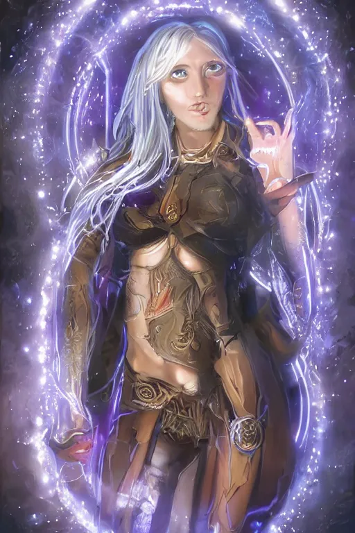 Image similar to Path of Exile, Maven, blue eyes female image with silver purple hair among colourful lights, dark blue spheres fly around, Anachronism, painting, dark fantasy, steampunk, 4k