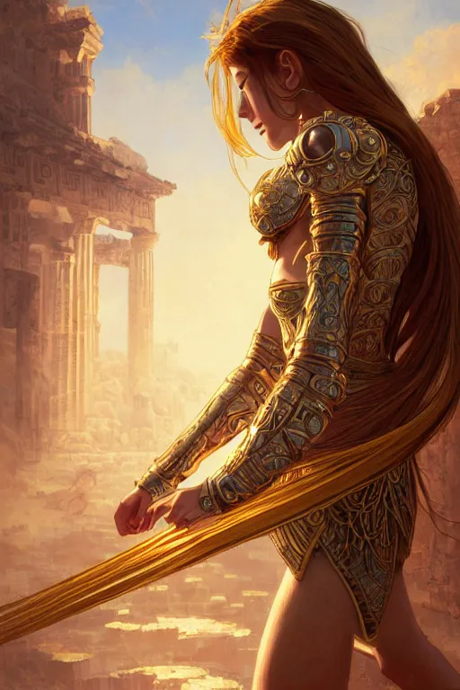 Image similar to portrait knights of zodiac girl, golden and copper shining armor, karate pose, in ruined agora of athens sunrise, ssci - fi and fantasy, intricate and very very beautiful and elegant, highly detailed, digital painting, artstation, concept art, smooth and sharp focus, illustration, art by tian zi and wlop and alphonse mucha