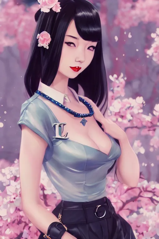 Image similar to a pin up and beautiful fashion dreamlke japan girl with lv jewelry, character art, art by artgerm and wlop and and ilya kuvshinov, hyperdetailed, 8 k realistic, symmetrical, frostbite 3 engine, cryengine, dof, trending on artstation, digital art, chanel, dior, fantasy background