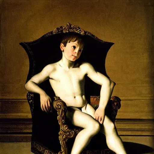 Prompt: Young aristocrat! sitting upon a throne, by Caravaggio, high contrast lighting