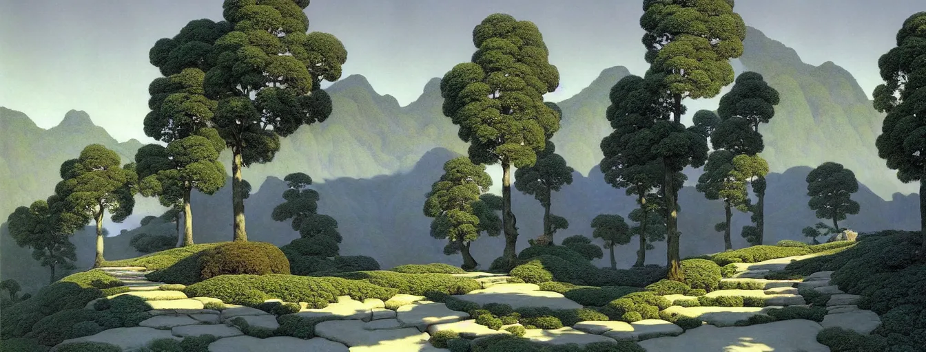 Image similar to a gorgeous very early spring landscape of tree canopies painting by barlowe wayne maxfield parrish and marco mazzoni. tree no leaf!!!! china mountain village!! grey blue and very little light verdancy. the winding stone steps. ultra clear detailed. 3 d, octane render. turbulent blood lake.