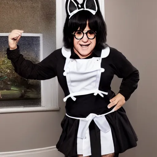 Prompt: Danny Devito wearing a maid outfit, cat ears, and thigh highs