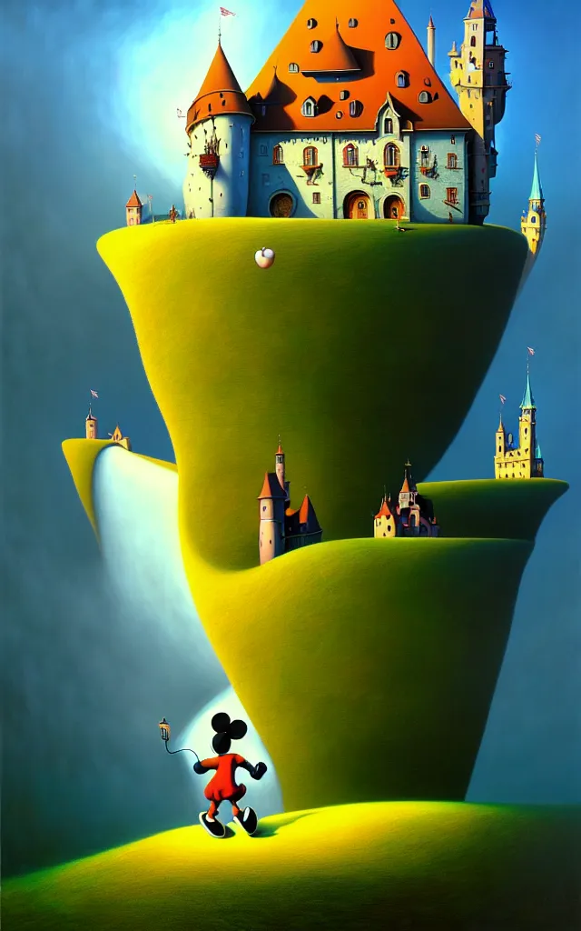 Image similar to gediminas pranckevicius an oil on canvas portrait painting of mickey mouse, surrealism, surrealist, cosmic horror, rob gonsalves, high detail fantastic world castle happy place, volumetric light godray