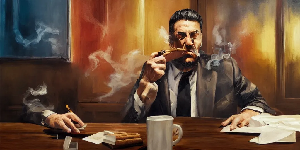 Image similar to abstract oil matte portrait painting, mafia boss smoking a cigar at his 5 0 s new york office desk, wonderful masterpiece highly detailed, beautiful cinematic light deep focus, elegant, digital painting, smooth, sharp focus, golden ratio, dramatic illumination, ultra realistic, 8 k, art by jimmy law