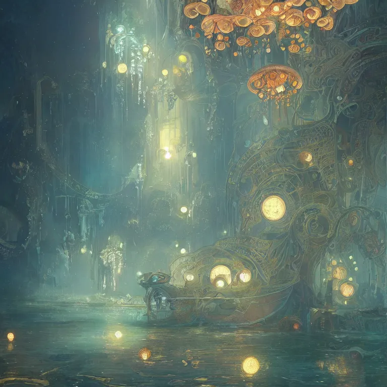 Image similar to a beautiful painting of the city of atlantis, with glowing lights, corals and jellyfish, intricate, elegant, highly detailed, digital painting, artstation, concept art, by krenz cushart and artem demura and alphonse mucha