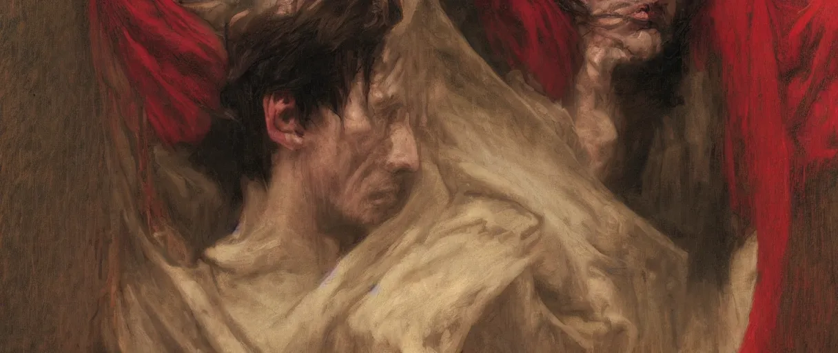 Prompt: the end is near. a tired julius caesar is sitting on a throne. face is highly detailed. splices of red are running down his toga. mist. close - up shot. dark background. soft light. imagined by jeremy lipking and alphonse mucha