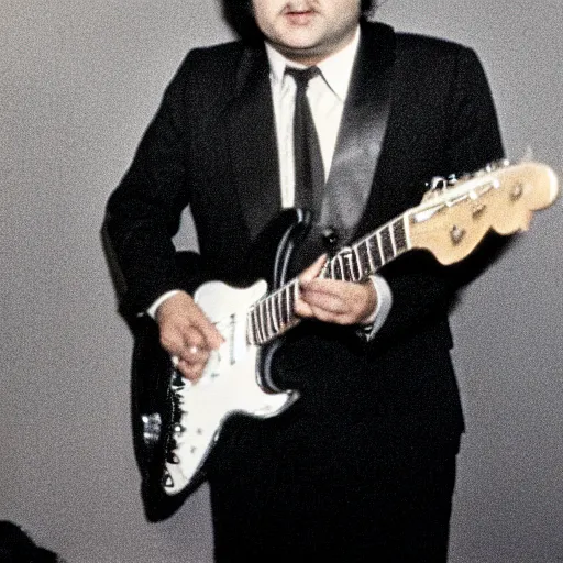 Image similar to john belushi wearing a black suit and black necktie and black fedora hat playing electric guitar in a darkened nightclub, 3 5 mm film still from 1 9 8 1, grainy.