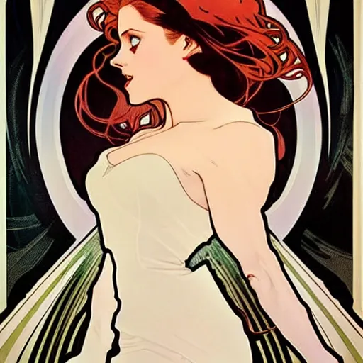 Prompt: Joshua Middleton art, Alphonse Mucha, pretty female Amy Adams, full entire body fun pose, scary vampire, fully black eyes no pupils, sharp vampire teeth smile open mouth, sarcastic evil smile, horror symmetrical face, symmetrical eyes, black Victorian dress, long curl red hair, outside in snow snowing