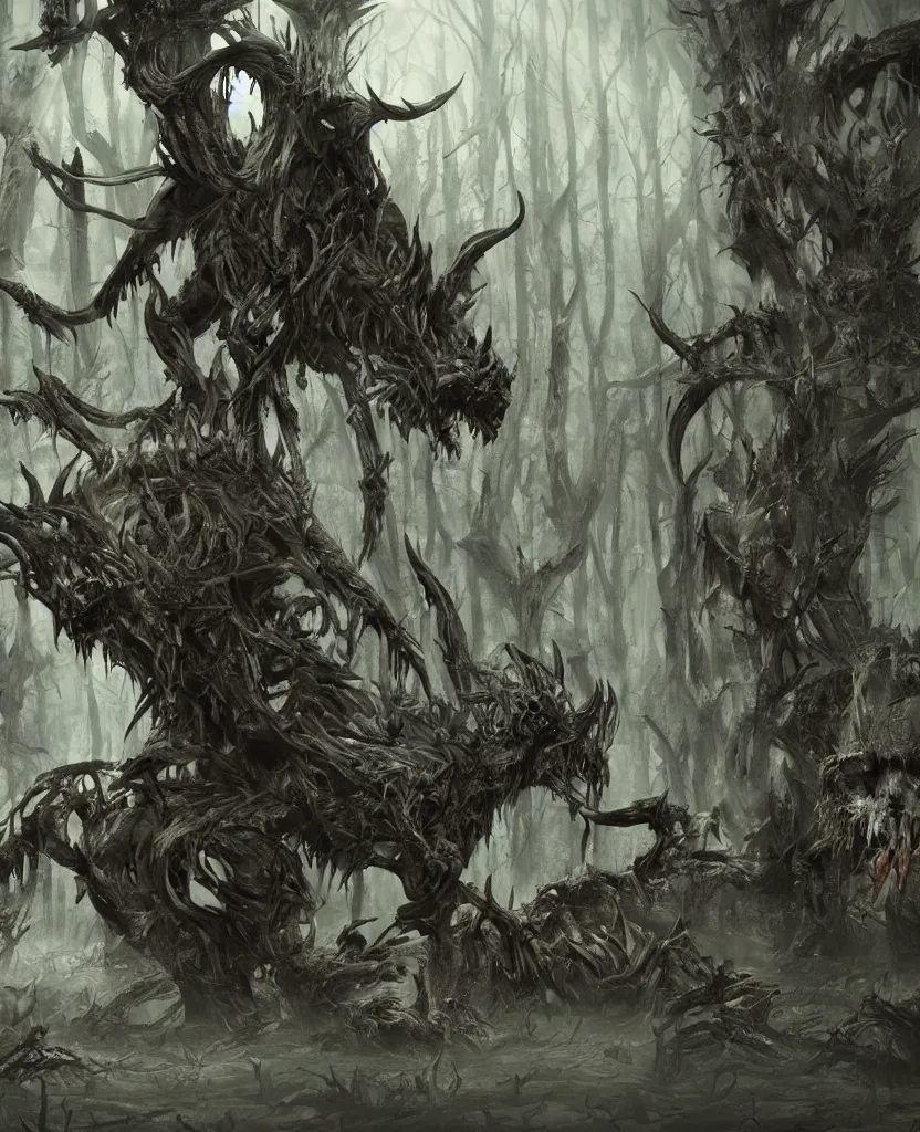 Image similar to concept art of a demon hound on a forest made of corpses, big trees, skeletons, epic painting, dark concept art, octane render, extremely detailed