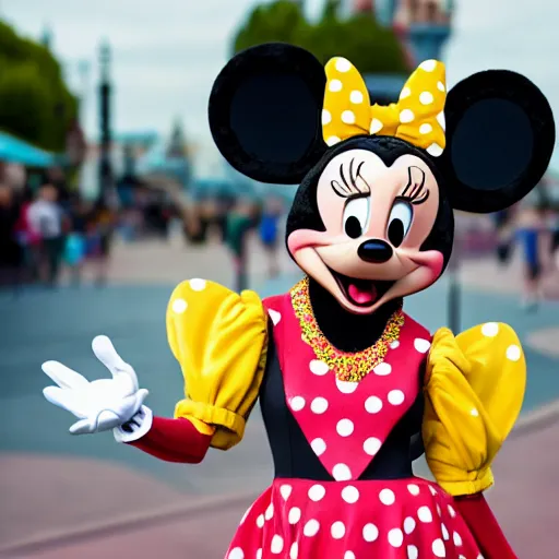 Image similar to transgender minnie mouse costumed character at disneyland, highly detailed, very high resolution, ultra realistic