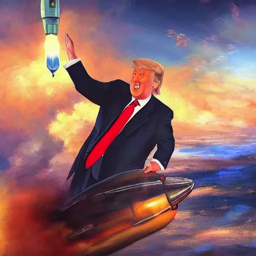 Prompt: masterpiece painting of donald trump riding a nuclear missile, surreal background, digital art by krenz cushart, trending on artstation, cgsociety,