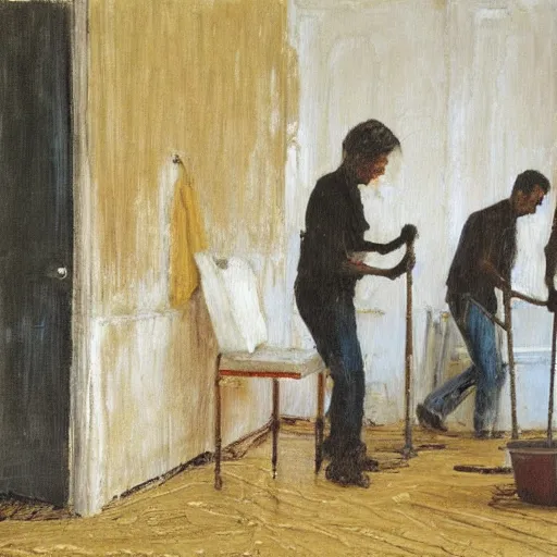 Prompt: an oil painting of people tidying a house by cy twombly