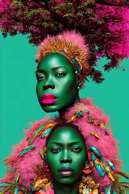 Image similar to hyperrealistic post - maximalist masterpiece super expressive! yoruba goddess with pink exoskeleton armor, merging with tree in a forest, highly detailed digital art cinematic, smooth cam de leon eric zener dramatic pearlescent soft teal light, ground angle hd 8 k, sharp focus