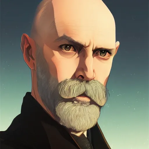 Image similar to portrait from a handsome masculine balded wizard by artist kuvshinov ilya