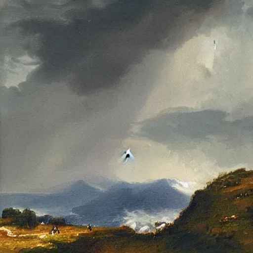 Image similar to “painting, mountain top in a storm being struck by lightning”