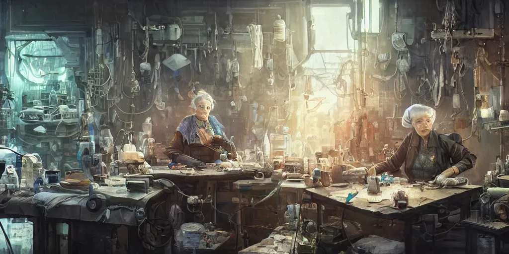 Prompt: an environmental concept art of an elderly russian woman cyberneticist in a cluttered workshop, surgical implements, surgery table, highly detailed, cinematic, dramatic, cyberpunk, dieselpunk, scifi space station, horror, bladerunner 2 0 4 9