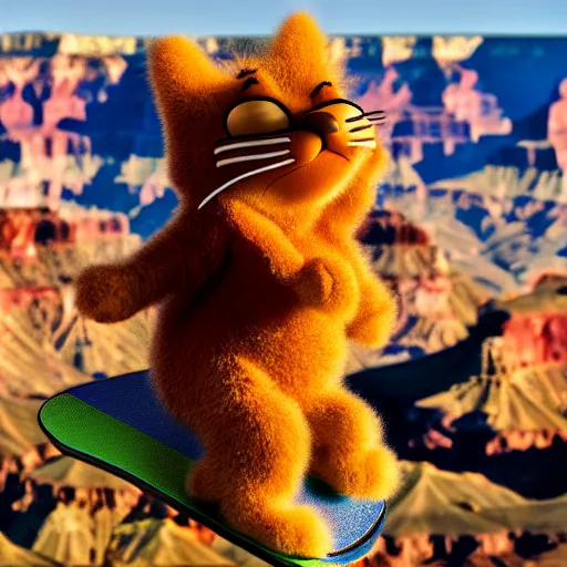 Prompt: Garfield doing a kick flip over the grand canyon Garfield is very fuzzy, stunning detail, photo realistic, realistic lighting