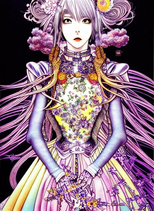 Image similar to highly detailed terada katsuya atrstation manga poster of princess mechine, face by aregerm, rainbow gradient reflection, ayami kojima, long hair, armor, dress, laces, ruffles, 8 k, maximalist, takato yamamoto