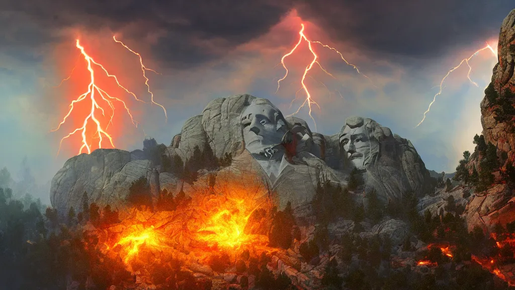 Image similar to mount rushmore but all the faces are guy fiery, lightning, storms, volumetric lightning by eugene von guerard, ivan shishkin, dramatic lighting, concept art, trending on artstation, 8 k