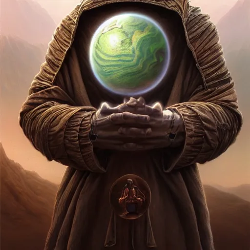 Prompt: masked nomad wearing a cloak on an alien world and holding a holographic planet projection in his hand, detailed, sci - fi, digital painting, artstation, sharp focus, illustration, ominous, artgerm, tomasz alen kopera, peter mohrbacher, donato giancola, joseph christian leyendecker, wlop, frank frazetta