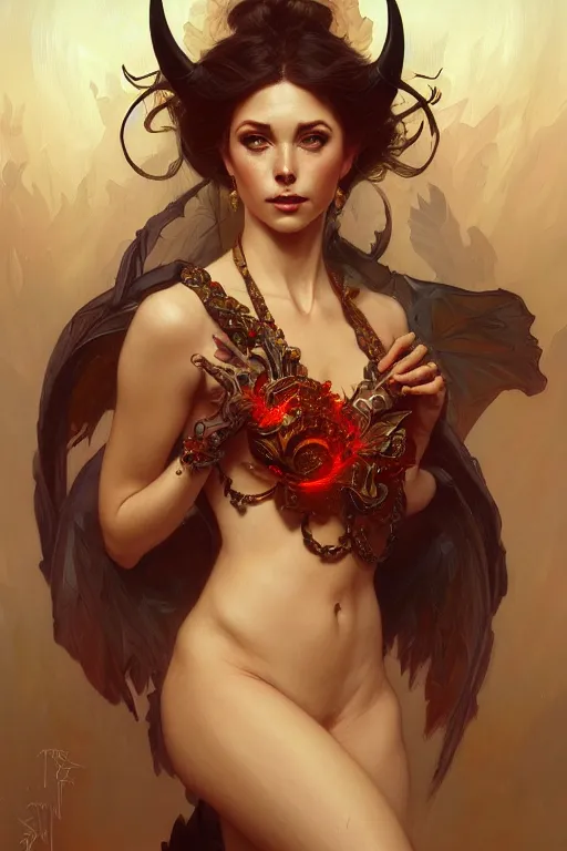 Prompt: painting of a devil, decorated, intricate, elegant, highly detailed, digital painting, artstation, concept art, smooth, sharp focus, illustration, art by artgerm and greg rutkowski and alphonse mucha, 8 k