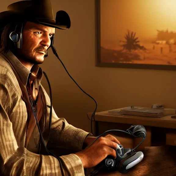 Image similar to john marston playing on a gaming computer in cowboy attire with gaming headphones on in a dimly lit room