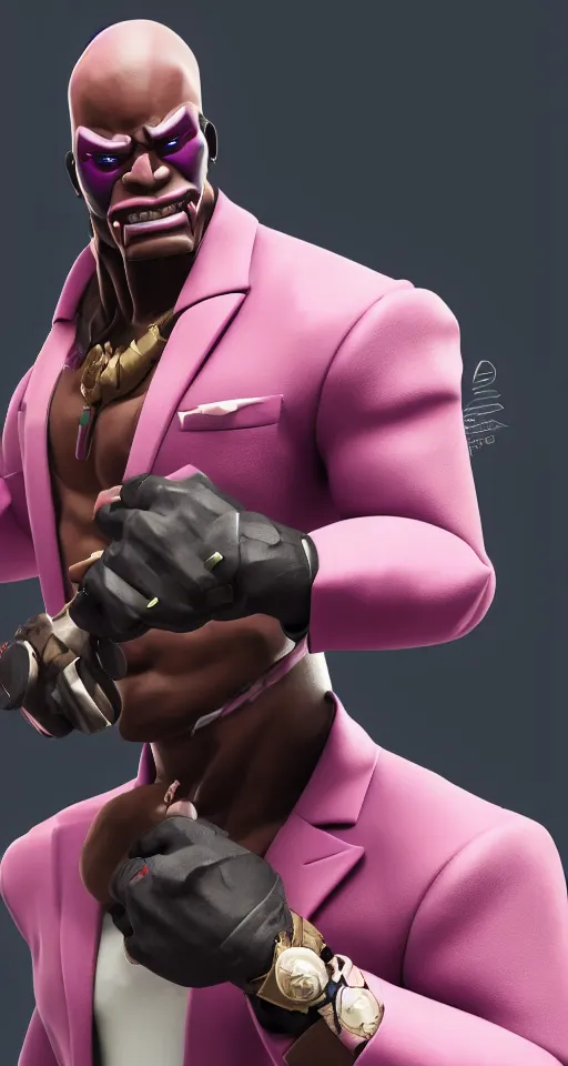 Image similar to doomfist, pink blazer, overwatch game, digital art, high detailed, artstation, octane render