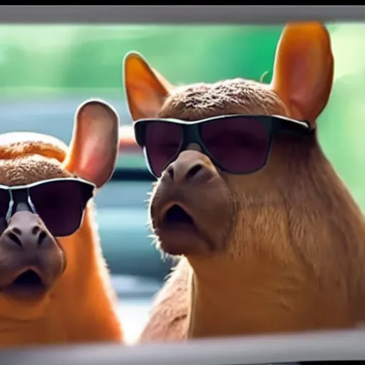 Prompt: cool capibara in sunglasses sitting in the back of a taxi, cinematic, 4k, detailed, long shot, award winning