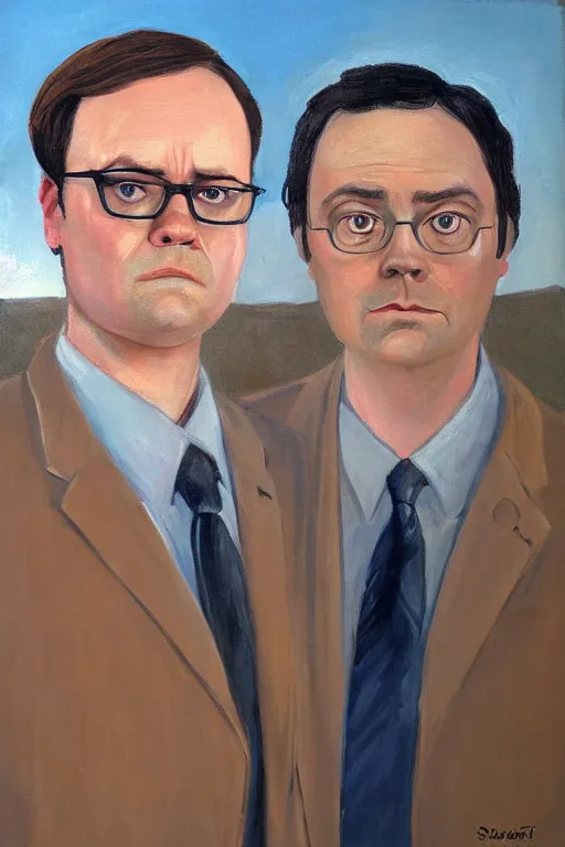 Prompt: portrait painting of dwight schrute and joe lo truglio, in the style of felice casorati