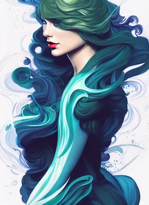 Image similar to style artgerm, joshua middleton, taylor swift with green dress, very long blue hair, swirling water swirling, symmetrical face, symmetrical eyes, steampunk cyberpunk,, cinematic lighting