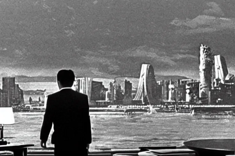 Image similar to a filmstill of Kim Jong-il looking at Pulgasari the starfish Kaiju monster destroying Pyongyang, in Dr Strangelove by Stanley Kubrick (1964), traditional Korean city, palace, epic ultrawide shot, cinemascope