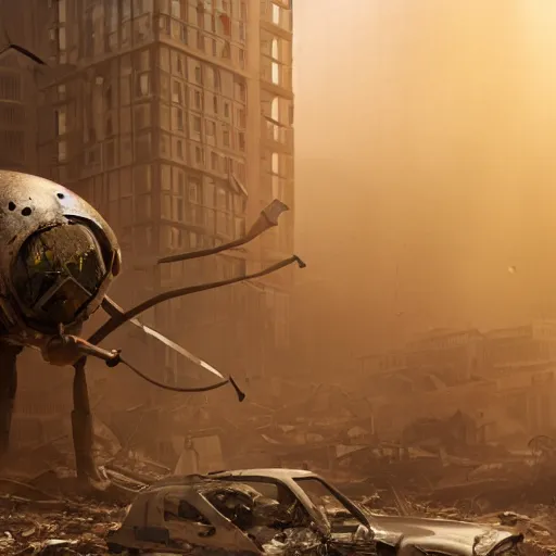 Image similar to giant dieselpunk ant in a destroyed city, 8 k, moody lighting, shallow depth of field,