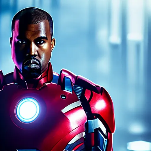 Image similar to Portrait of Kanye West as Ironman, splash art, movie still, cinematic lighting, dramatic, octane render, long lens, shallow depth of field, bokeh, anamorphic lens flare, 8k, hyper detailed, 35mm film grain