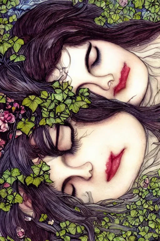 Image similar to closeup face shot of sleeping woman with long hair on a bed surrounded by ivy and flowers, fantasy art, trending on artstation, sleeping beauty fairytale, art by luis royo and walter crane and kay nielsen, watercolor illustration,