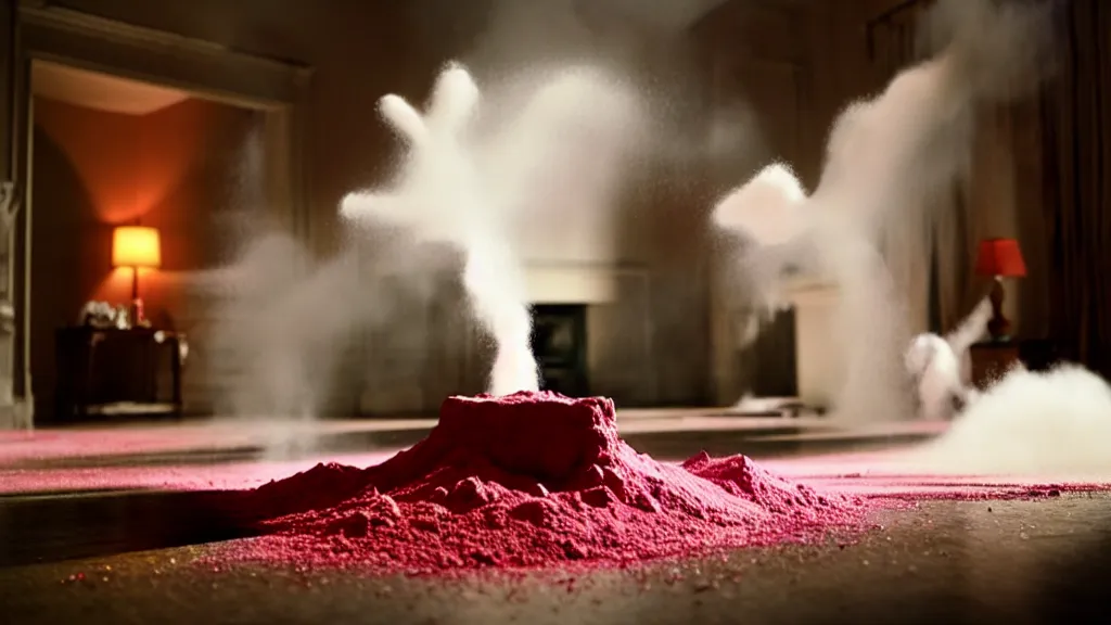 Image similar to colored powder explosion in the living room, film still from the movie directed by Denis Villeneuve with art direction by Salvador Dalí, wide lens