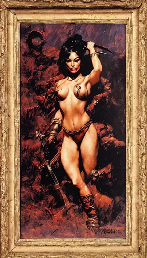 Prompt: alluring warrior princess by Frank Frazetta,oil painting