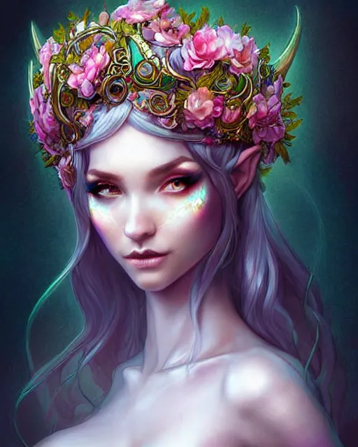 Image similar to digital art, centered full body elven bride, vivid flower crown ,intricate, veins, by James Jean and by artgerm, by ross tran , ultradetailed, charachter design, concept art, trending on artstation,