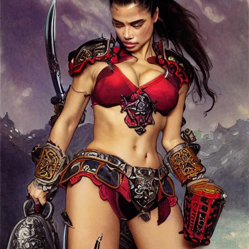 Prompt: full body portrait of a Adriana Chechik and Adriana Lima bikini armour warhammer 40000, as Geishas covered with dragon tattoos, D&D, fantasy, highly detailed, digital art, trending on artstation, smooth, sharp focus, illustration, art by edgar maxence, alphonse mucha, artgerm