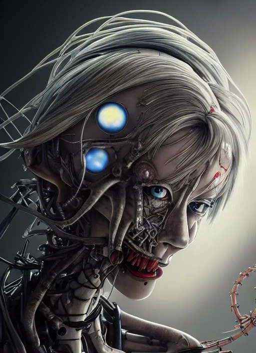 Image similar to Rei Ayanami by Yoshitaka Amano, by HR Giger, biomechanical, profile portrait, 4k, wide ayes, hyper detailed, hyperrealism, anime, a Blood Moon rising on a Broken World 4k very detailed deviantart artstation