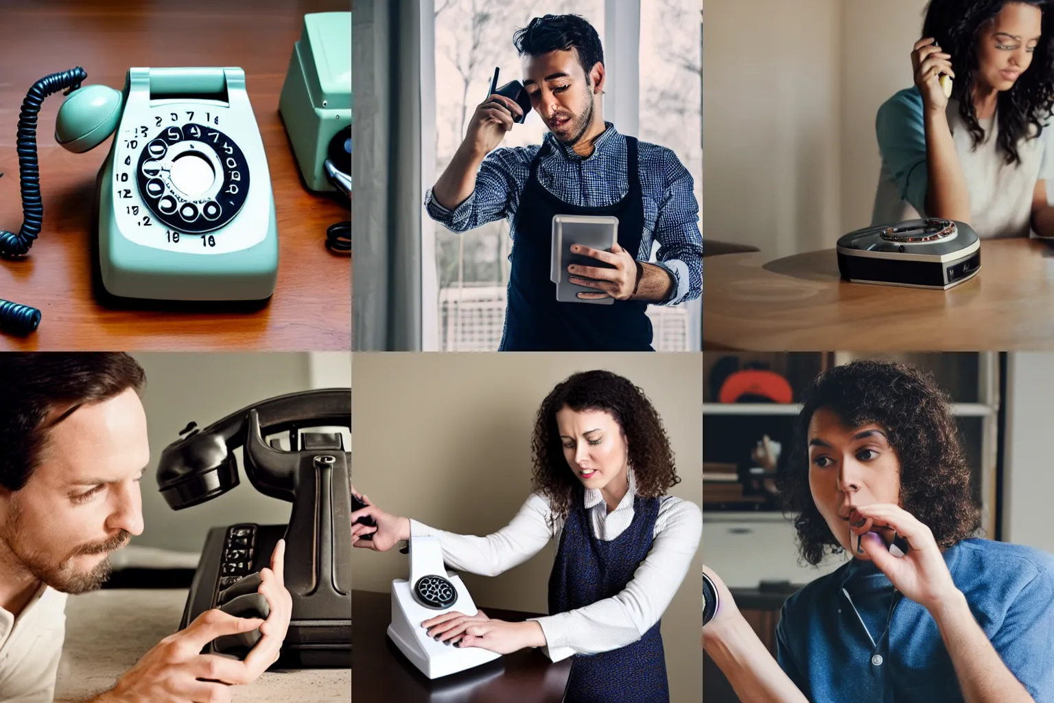 Prompt: a millennial trying to figure out how to use a rotary dial phone
