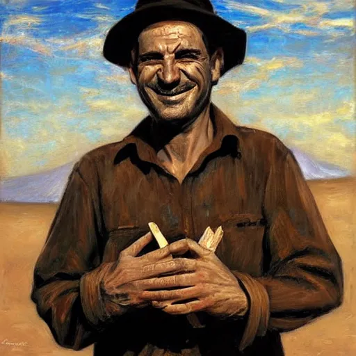 Image similar to A beautiful kinetic sculpture. Even in the darkness, his smile threw shadows. in the desert by Candido Portinari, by Fabian Perez somber, spontaneous