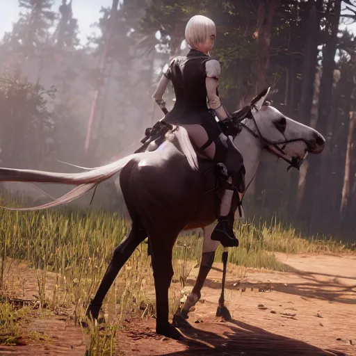 Image similar to Film still of a woman cosplaying as 2B nier automata wearing skintight clothes riding a horse, from Red Dead Redemption 2 (2018 video game), trending on artstation, artstationHD, artstationHQ